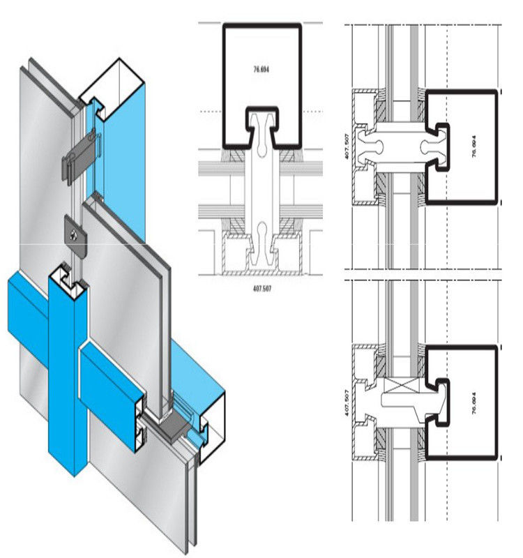 Profil fonctionnel multi de fenêtre en aluminium de mur rideau pour la forme de rectangle de décoration